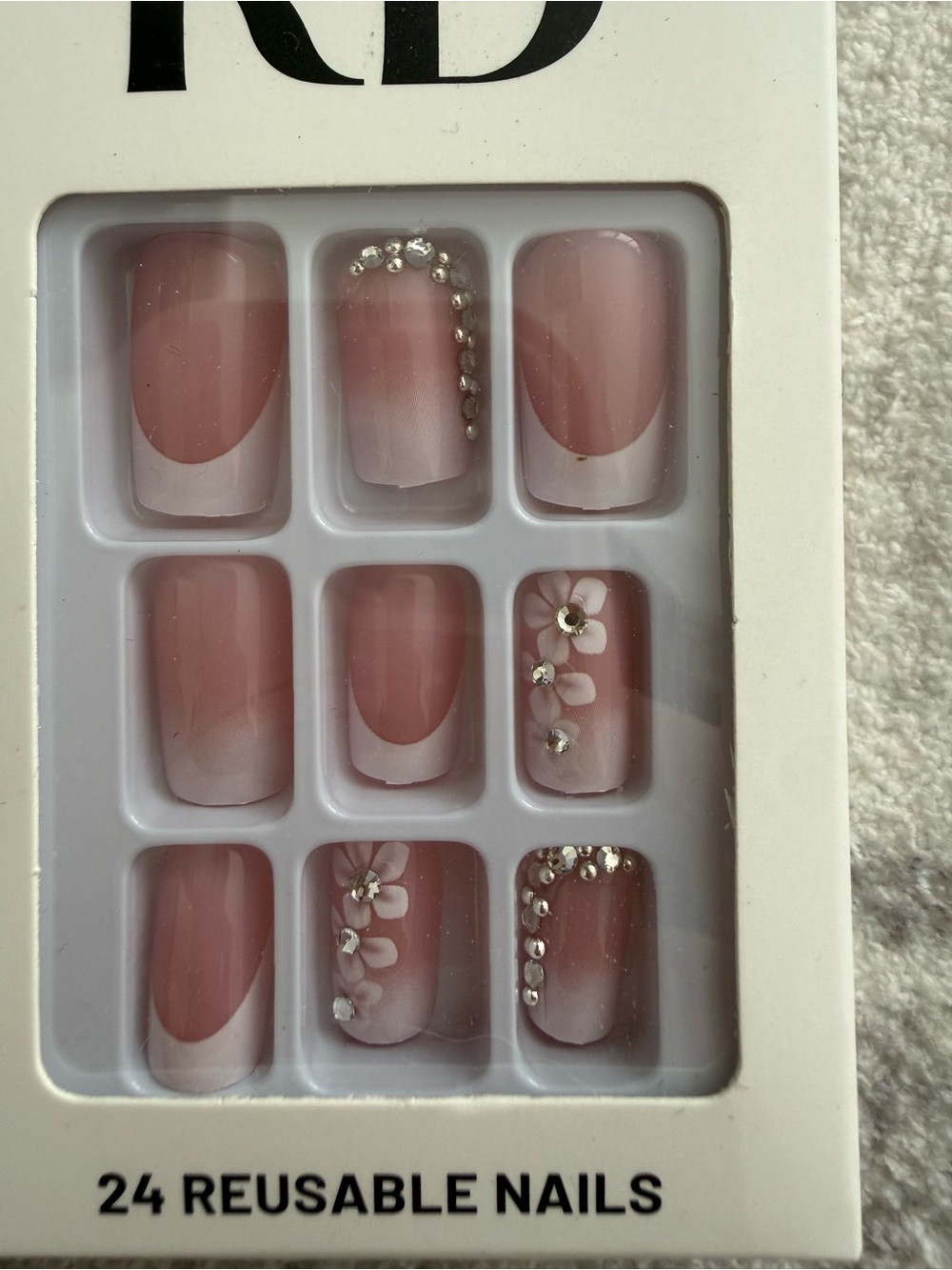 Pink FrenchTip Ombre Press-On Nails with Rhinestones & Floral Accents